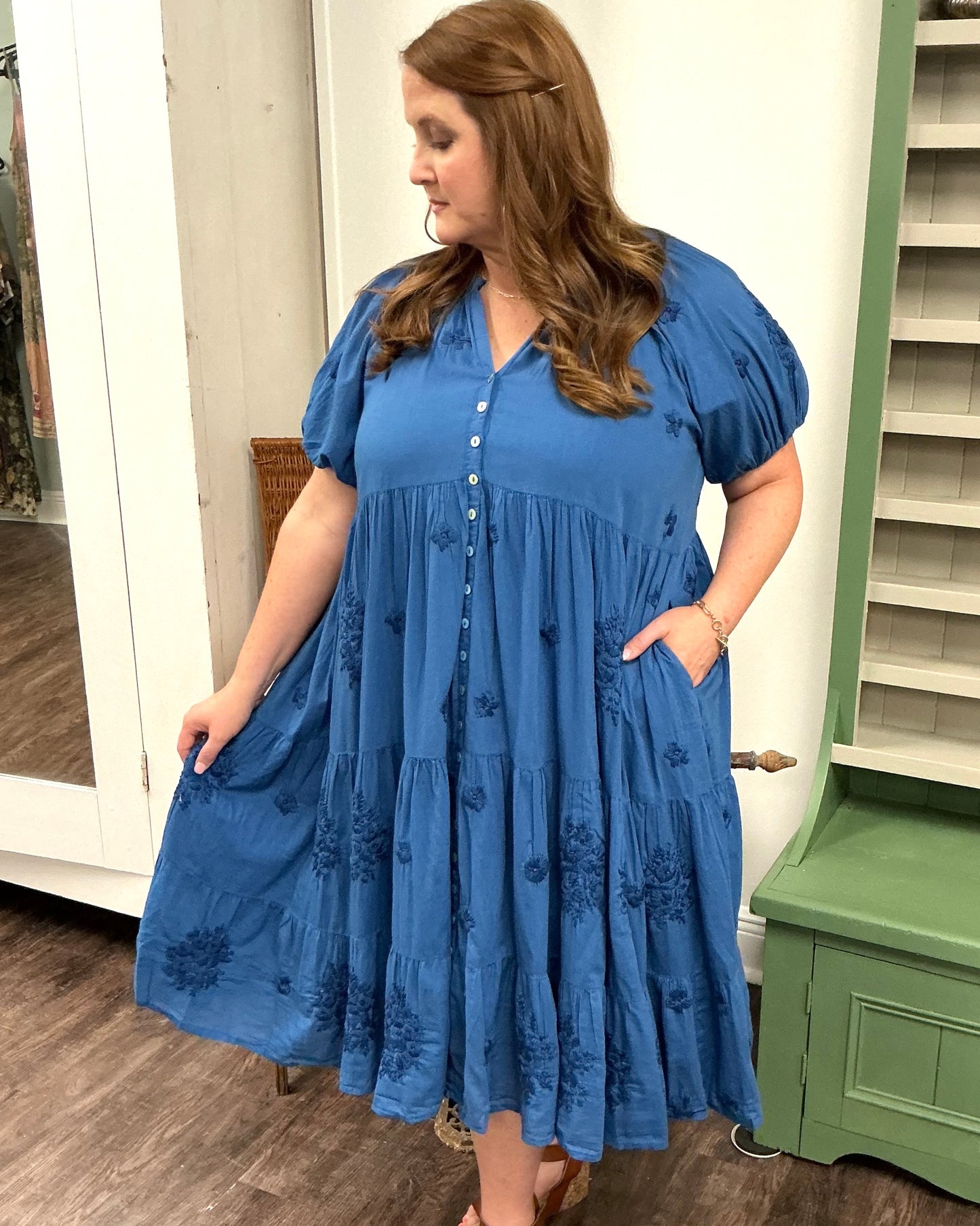 Embroidered Tiered Button-Up Dress