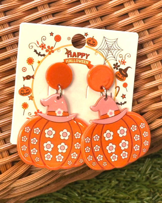Pink Hat Pumpkin Earrings