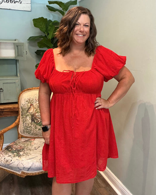 Red Eyelet Bubble Sleeve Dress