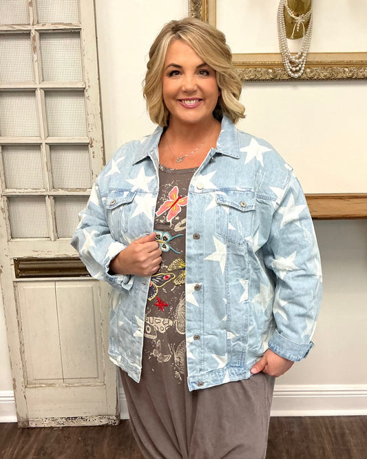 Star Print Light Denim Jacket