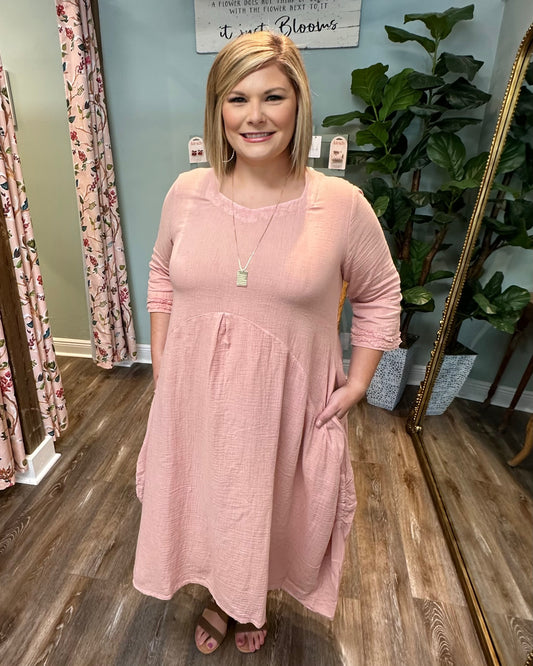 Pink Gauze Dress with Ruffle Cuff