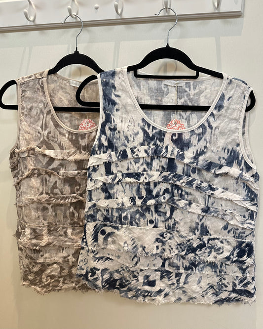 Ikat Print Ruffle Front Linen Tank