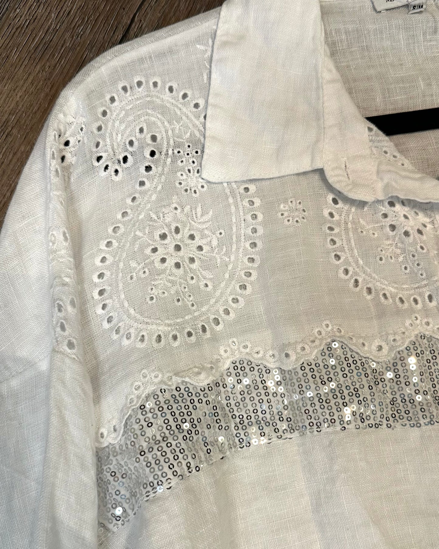 White Eyelet Sequin Detail Top
