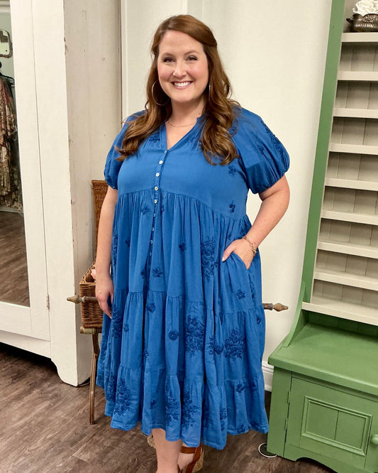 Embroidered Tiered Button-Up Dress