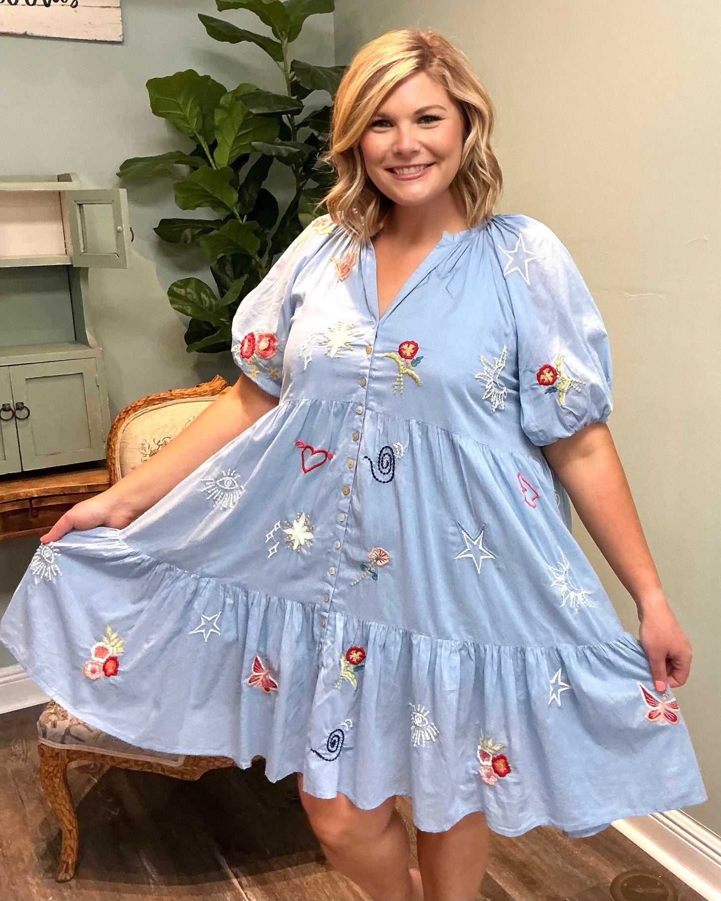 Blue Tiered Embroidered Dress