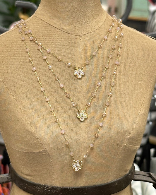 Pink Stone and Crystal Quatrefoil Necklace