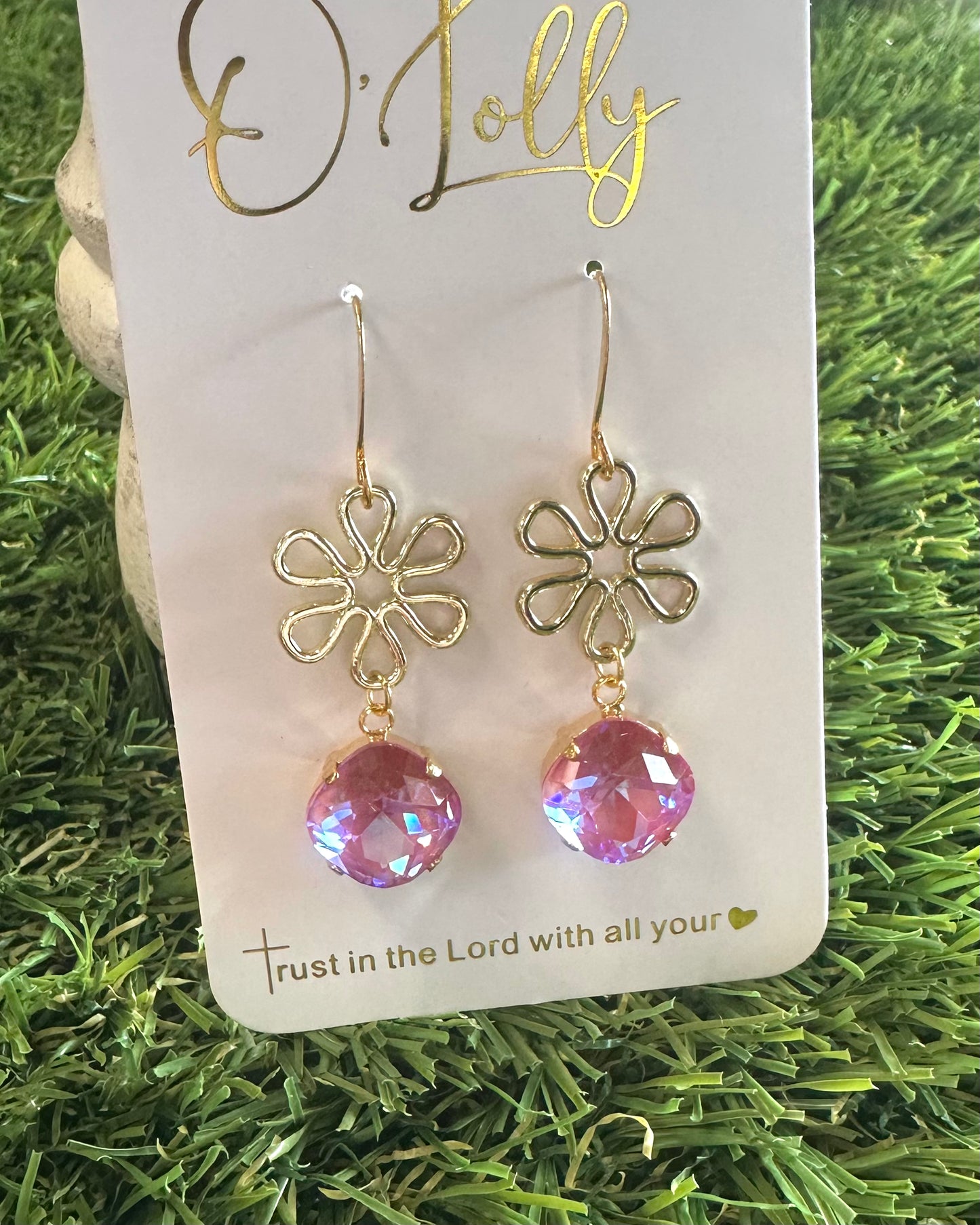 Flower With Pink Stone Dangle Earring
