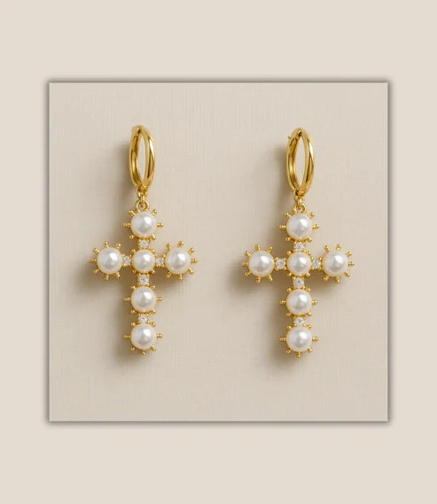 Gold Cross Earrings with Pearls
