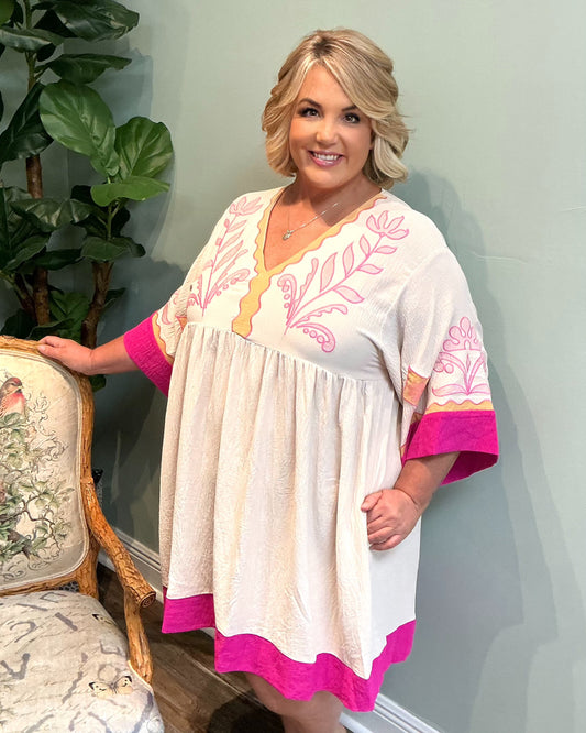 Pink Trim Embroidered V-neck Dress