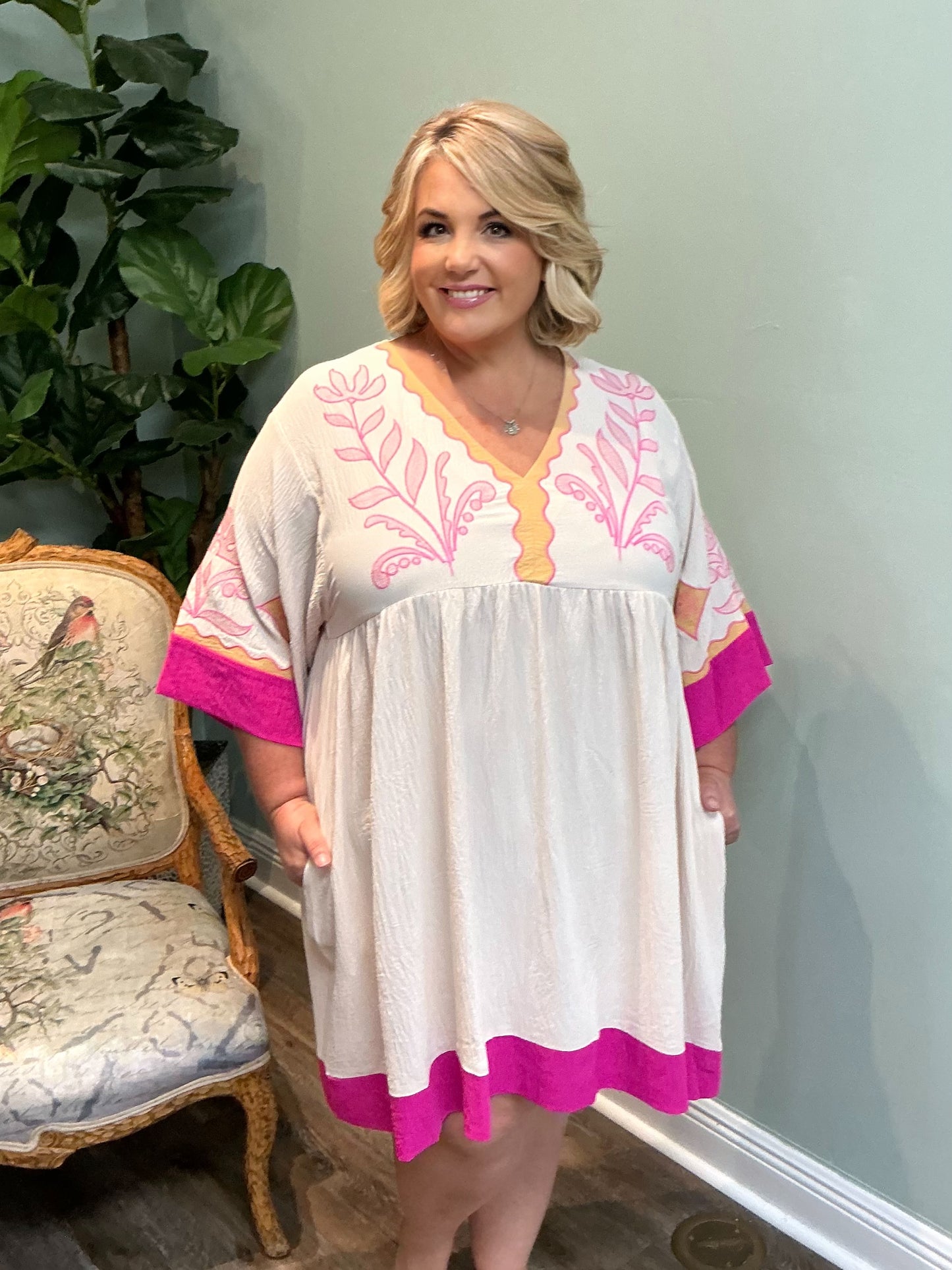 Pink Trim Embroidered V-neck Dress