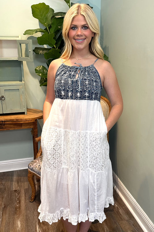 Denim Halter Top Midi Lace Dress