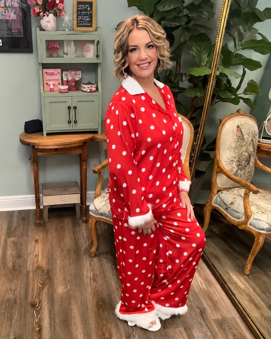 Red Satiny Polka Dot PJ Set