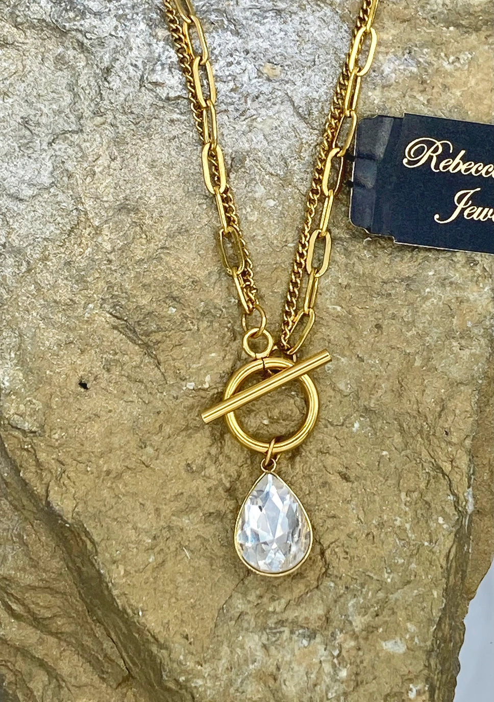 Gold Toggle Necklace with Crystal Teardrop
