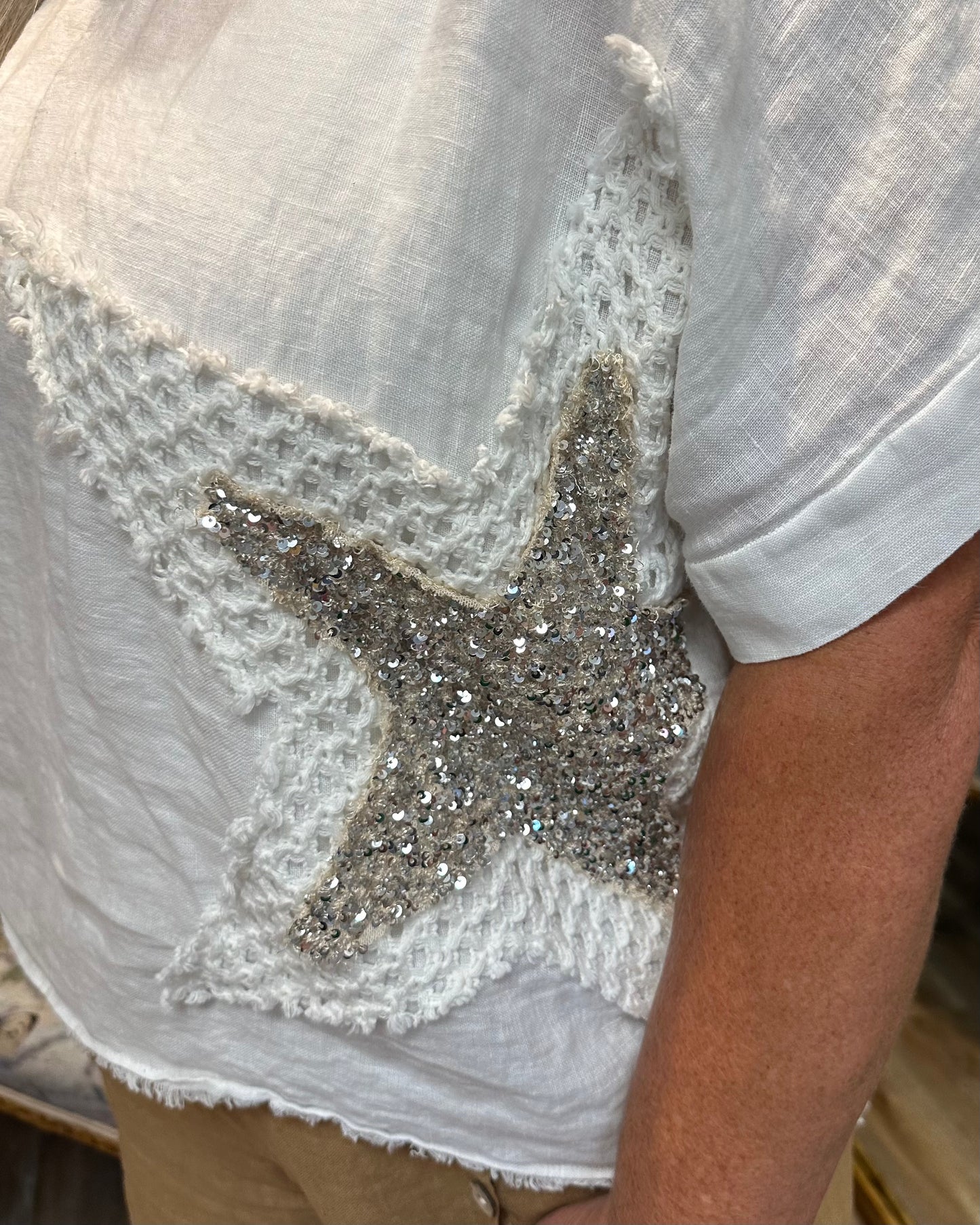 White Linen Top with Sequin Star