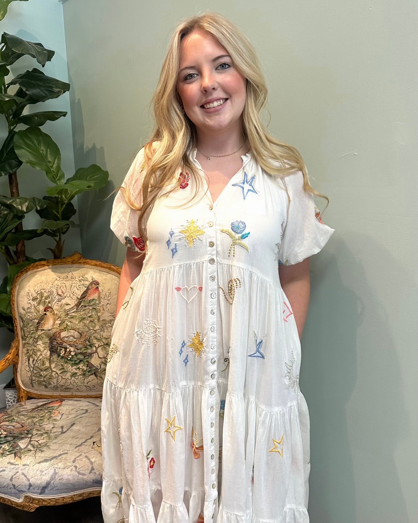 White Tiered Midi Dress with Embroidery