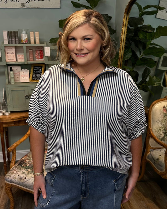 Navy Striped Dolman Top