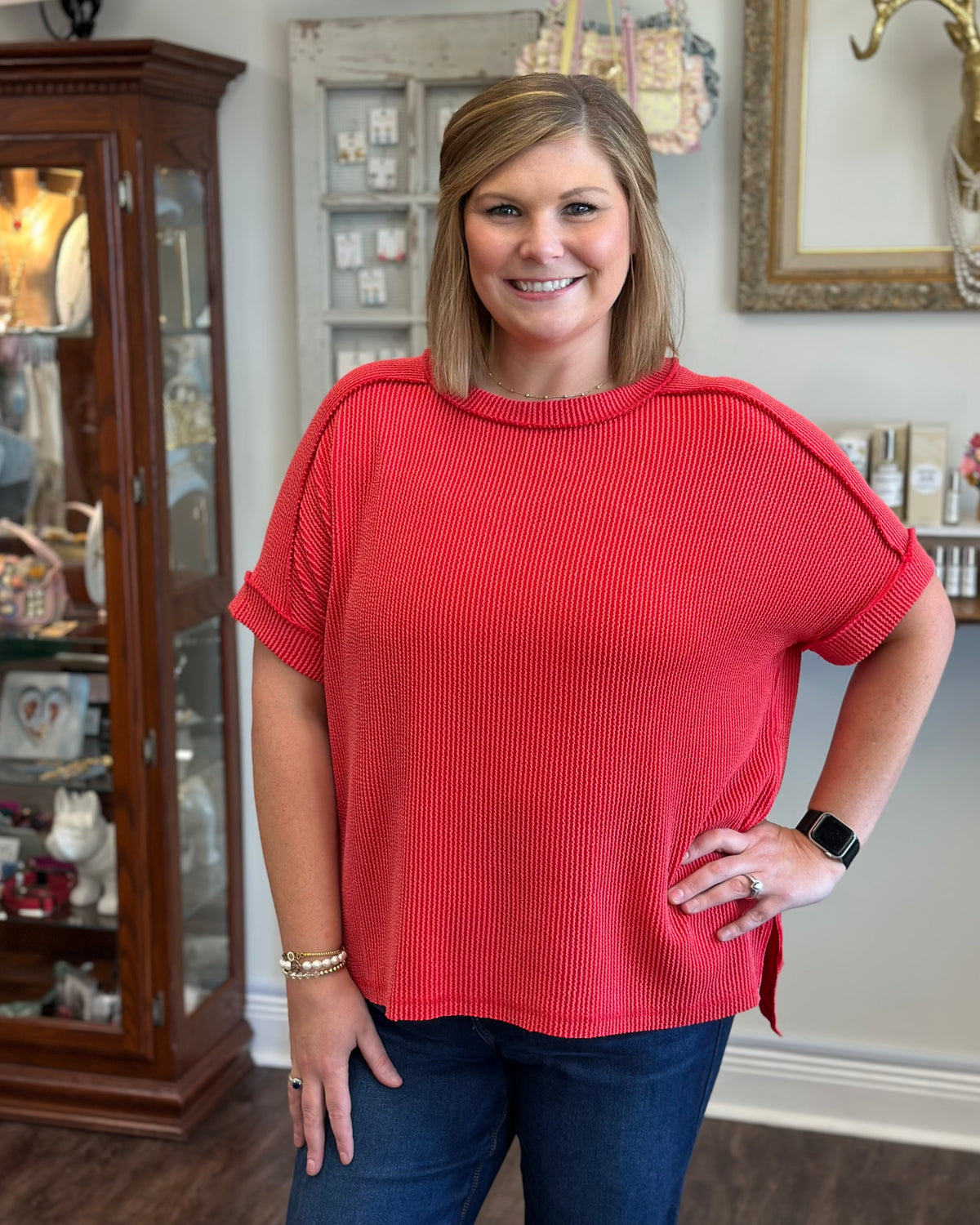 Cuff Sleeve Ribbed Top