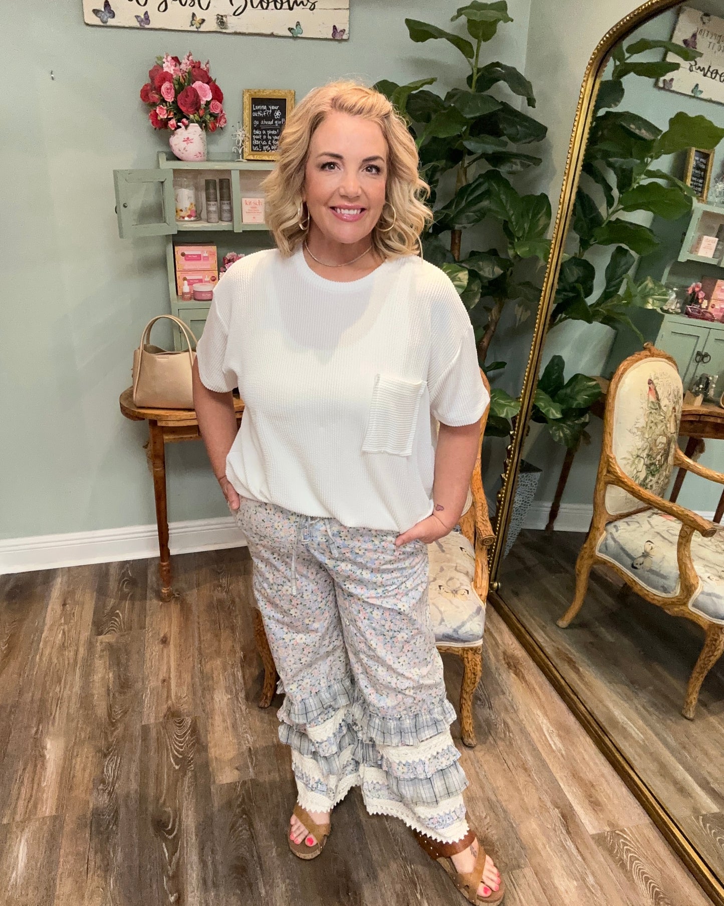 Blue Flower Print Ruffle Pant