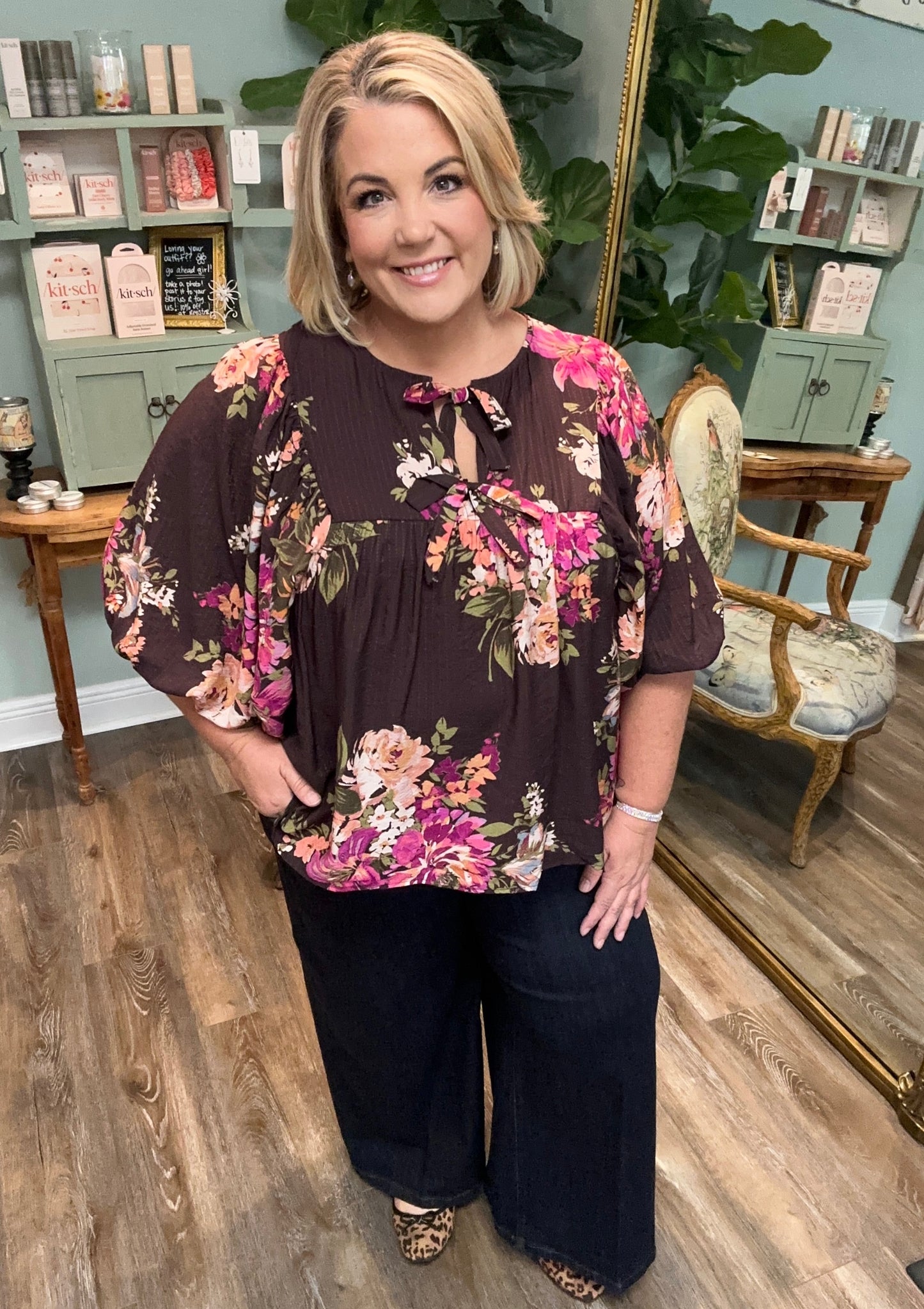 Mocha Floral Print Top with Tie