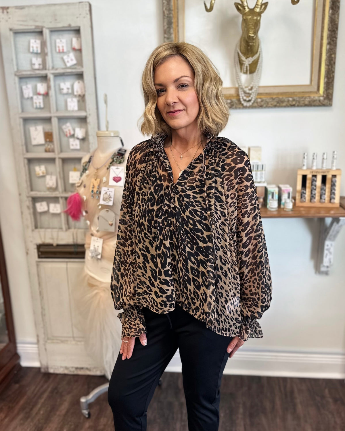 Sheer Leopard Peasant Blouse