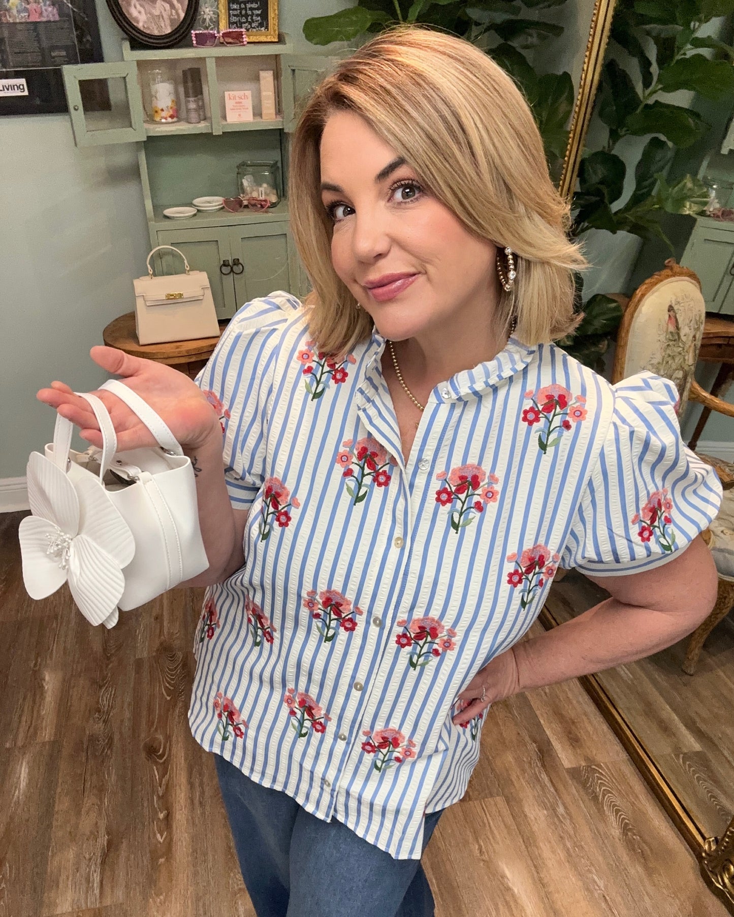 Striped Button Down Top with Embroidery