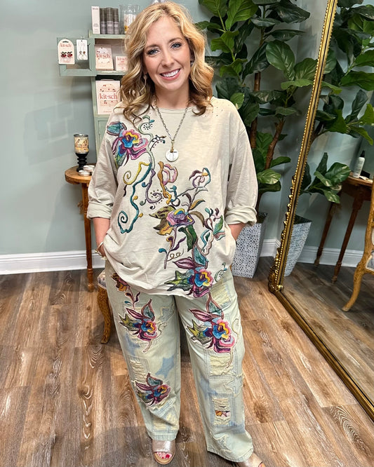 Vintage Blue Peace Flower Jeans