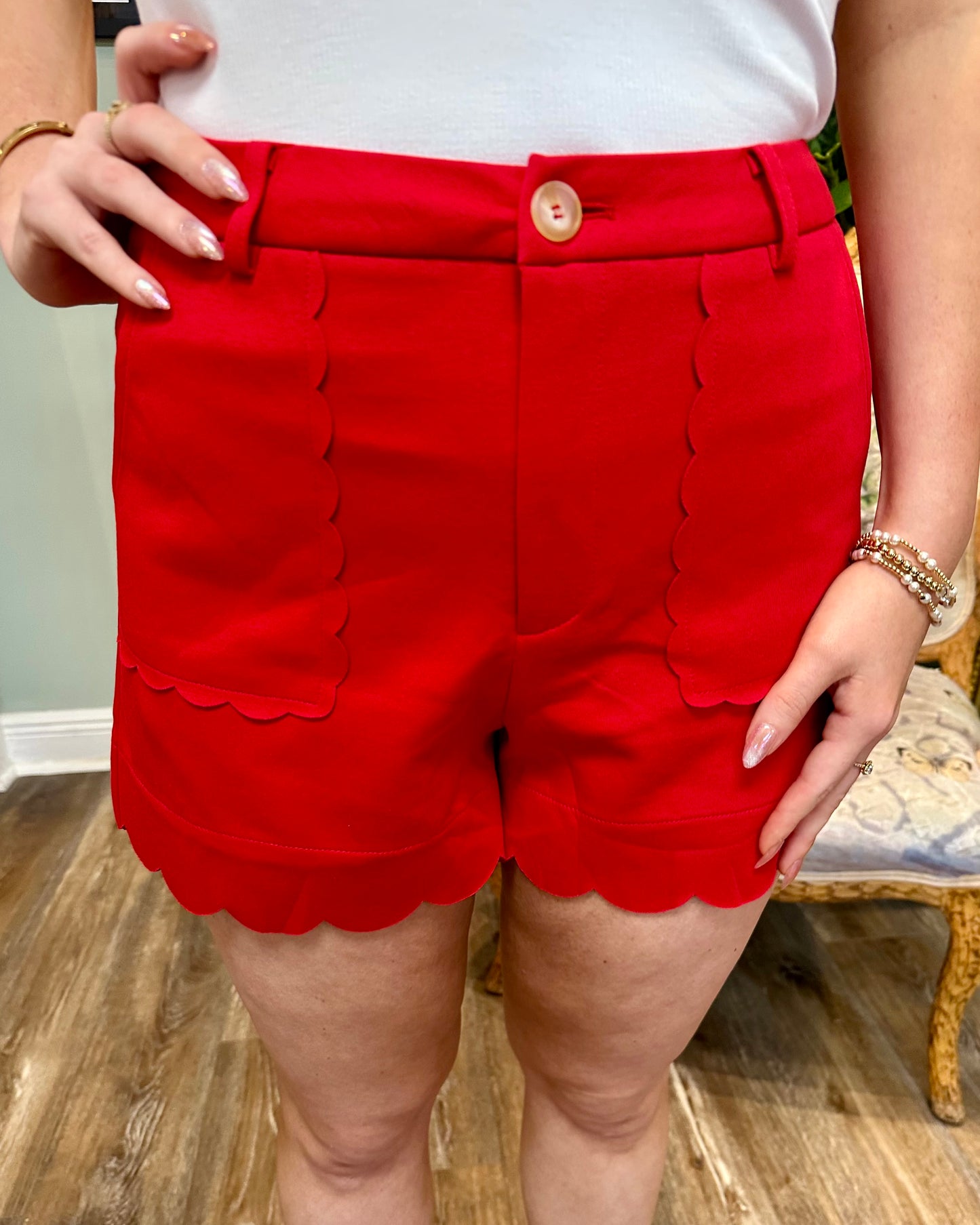 Red Scallop Hem Shorts