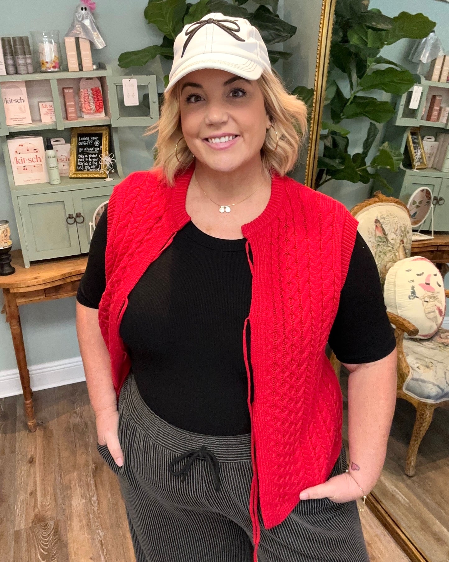 Red Open Front Knitted Vest