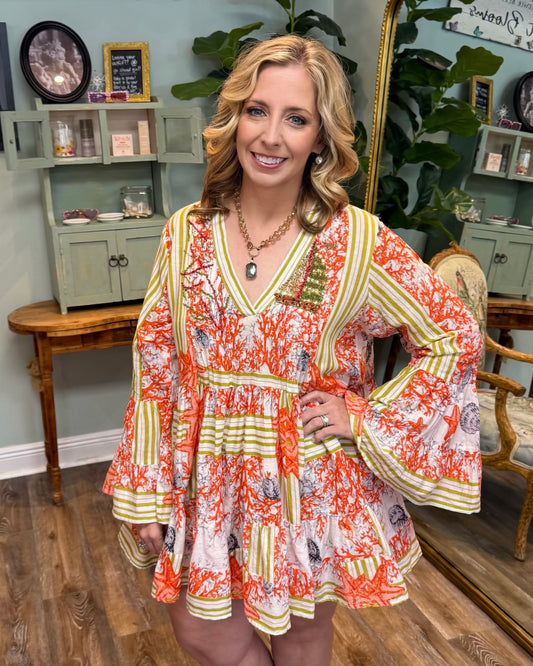 Ivory and Coral Coastal Print Dress