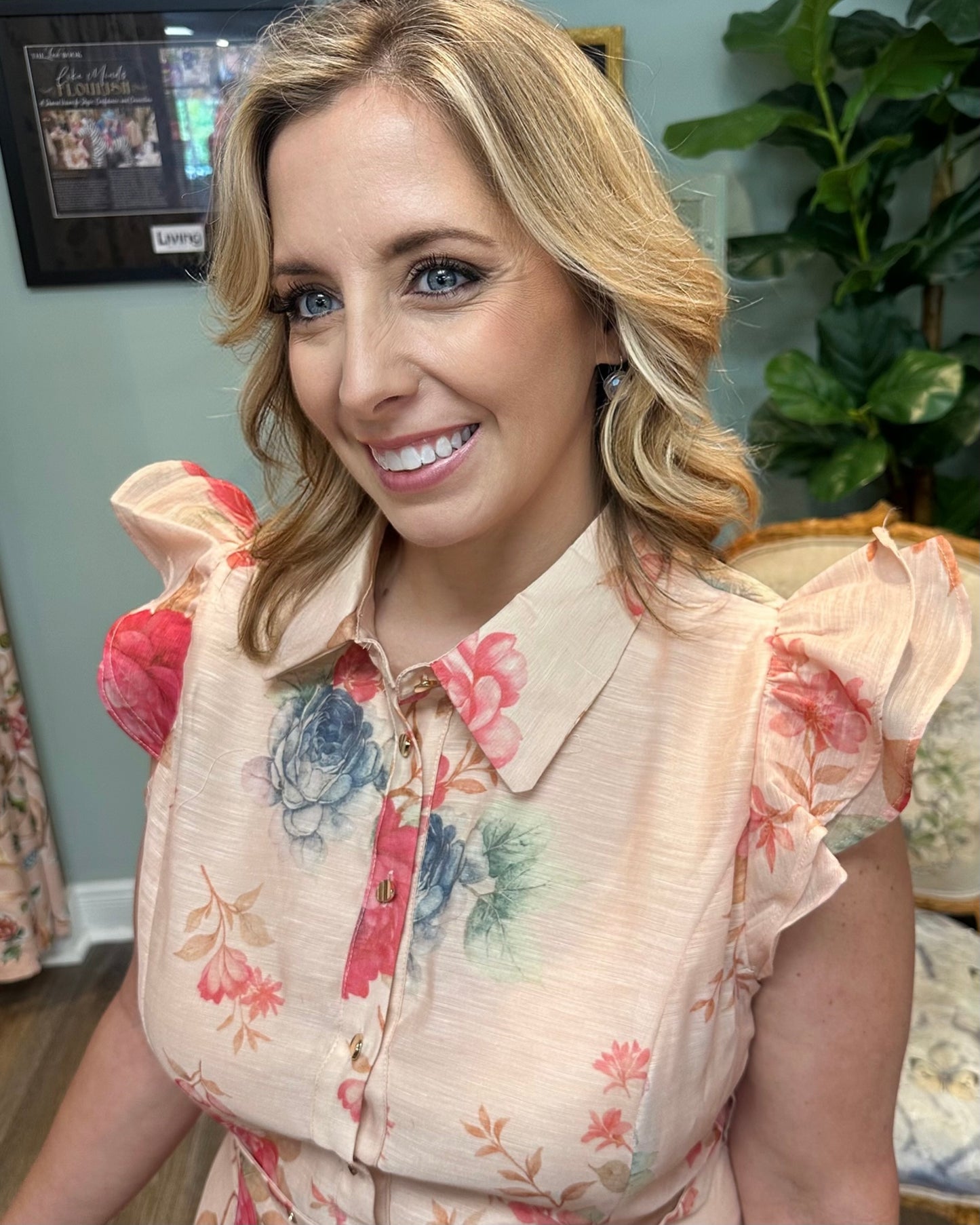 Lt Pink Ruffle Sleeve Floral Dress