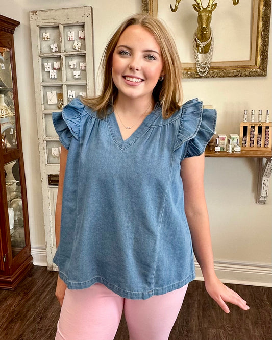Chambray Ruffle Top