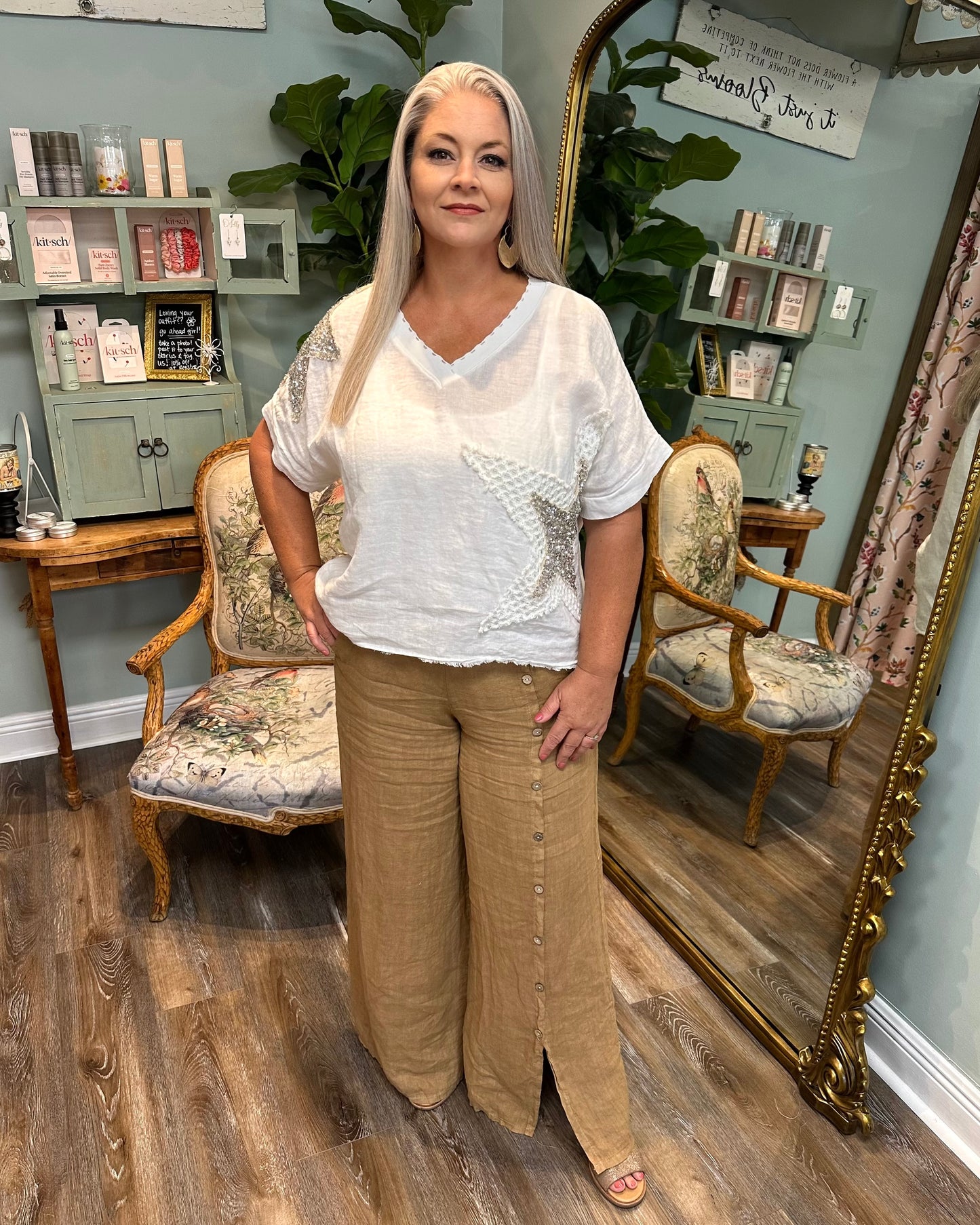 Camel Linen Pants with Buttons