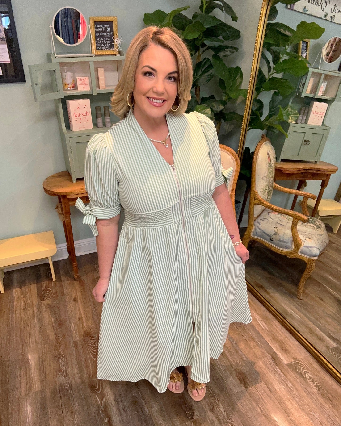 Sage and Cream Textured Stripe Dress