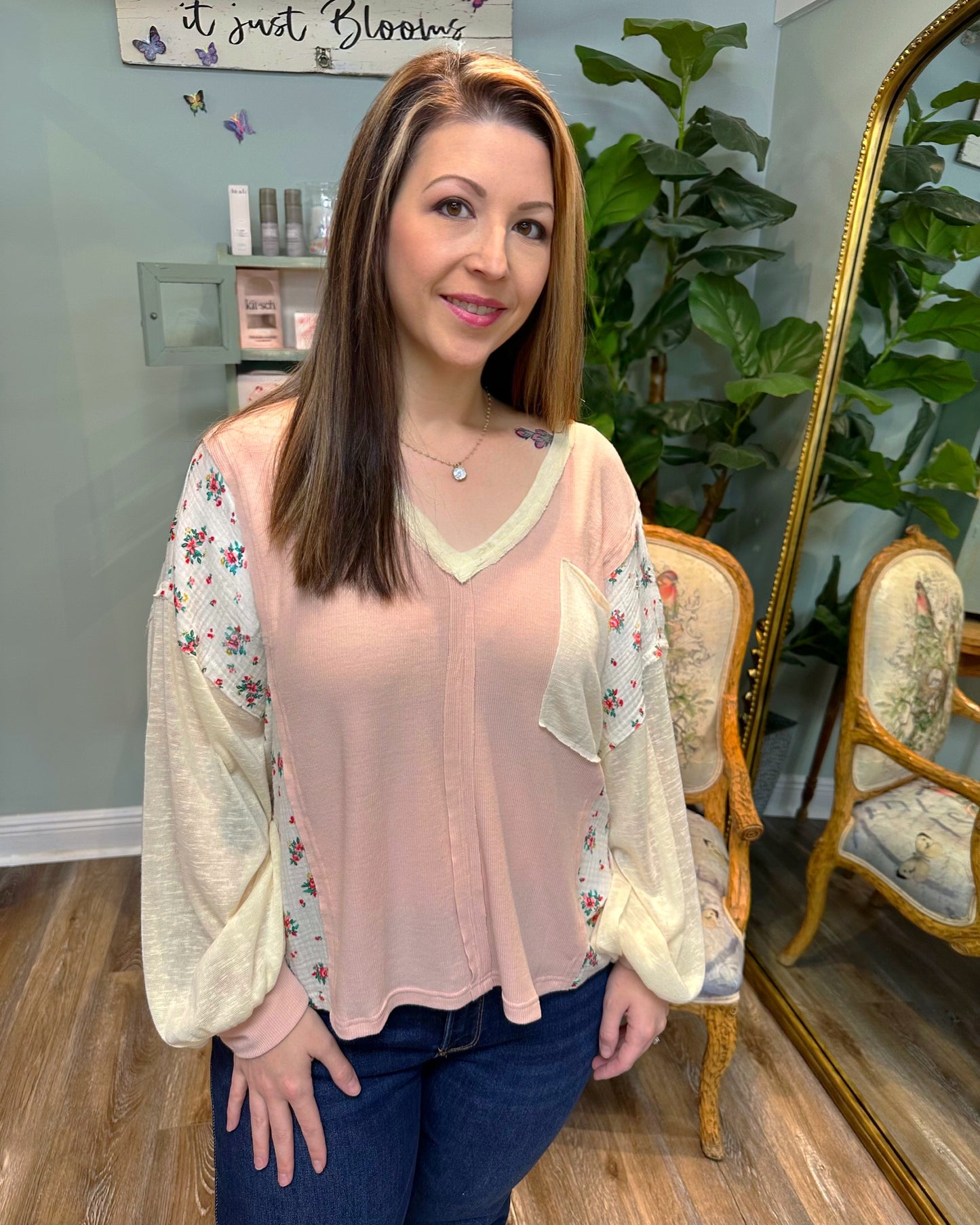 Oversized V-neck Patchwork Top - Blush Pink