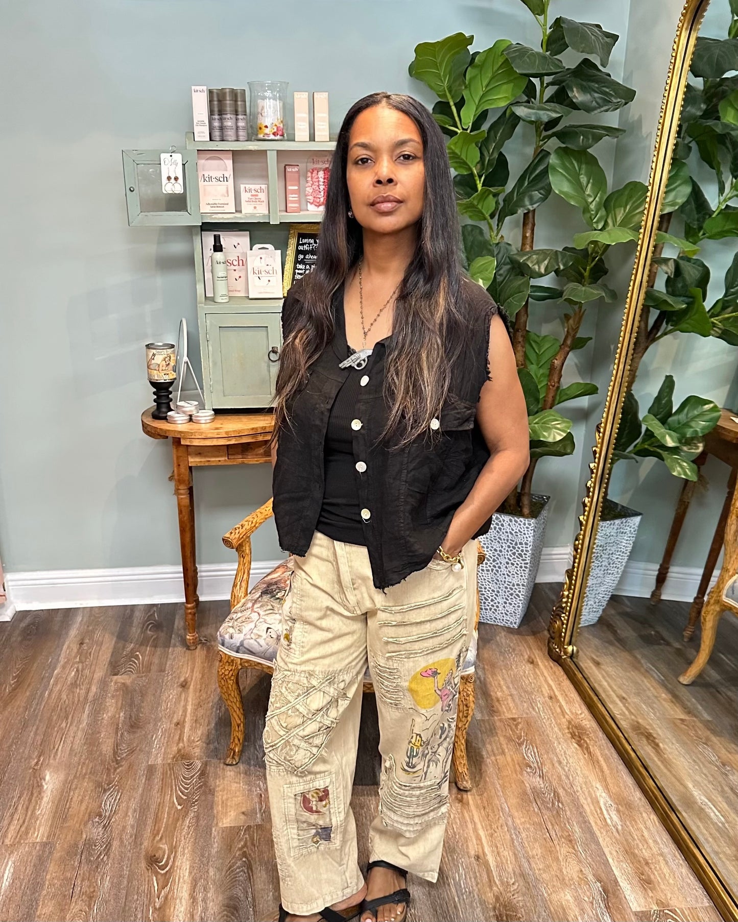 Cowgirl Printed Khaki Pants with Velvet Rusching