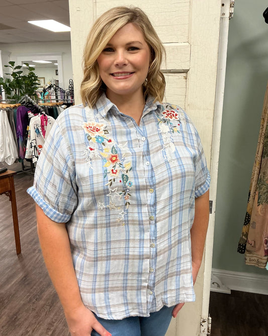 Blue Plaid Embroidered Top