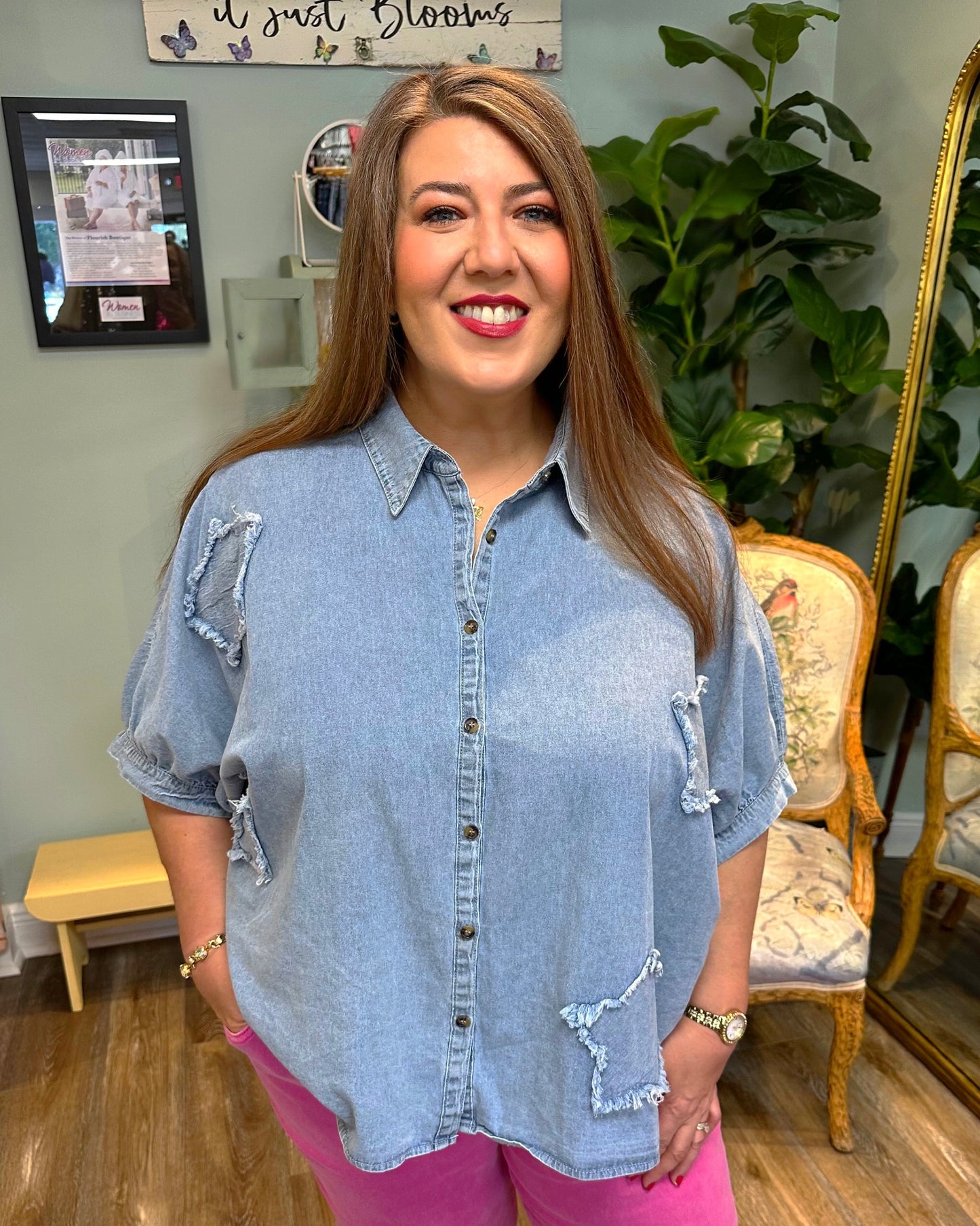 Washed Denim Frayed Edge Star Patch Top