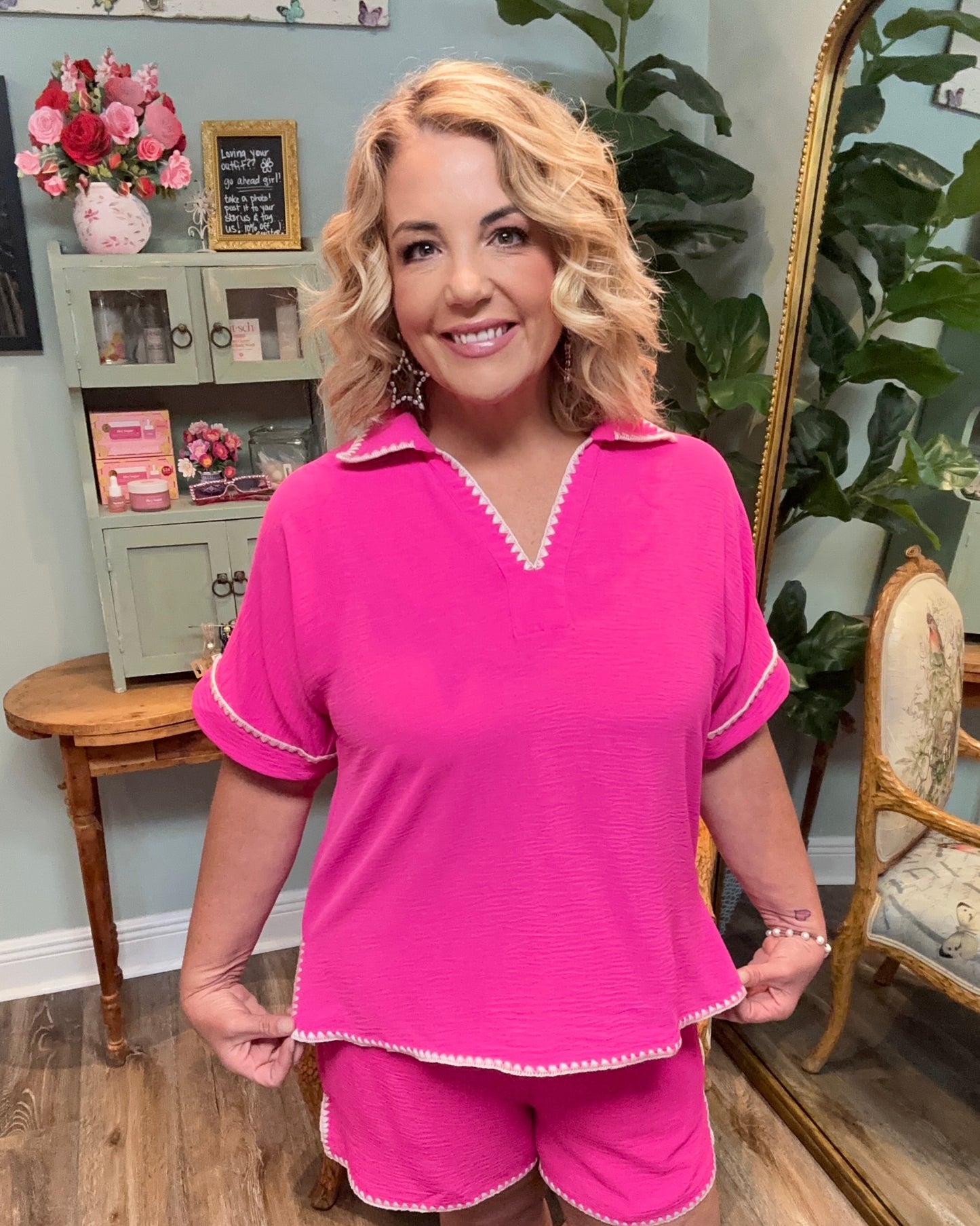 Hot Pink V- Neck Top with Crochet Hem