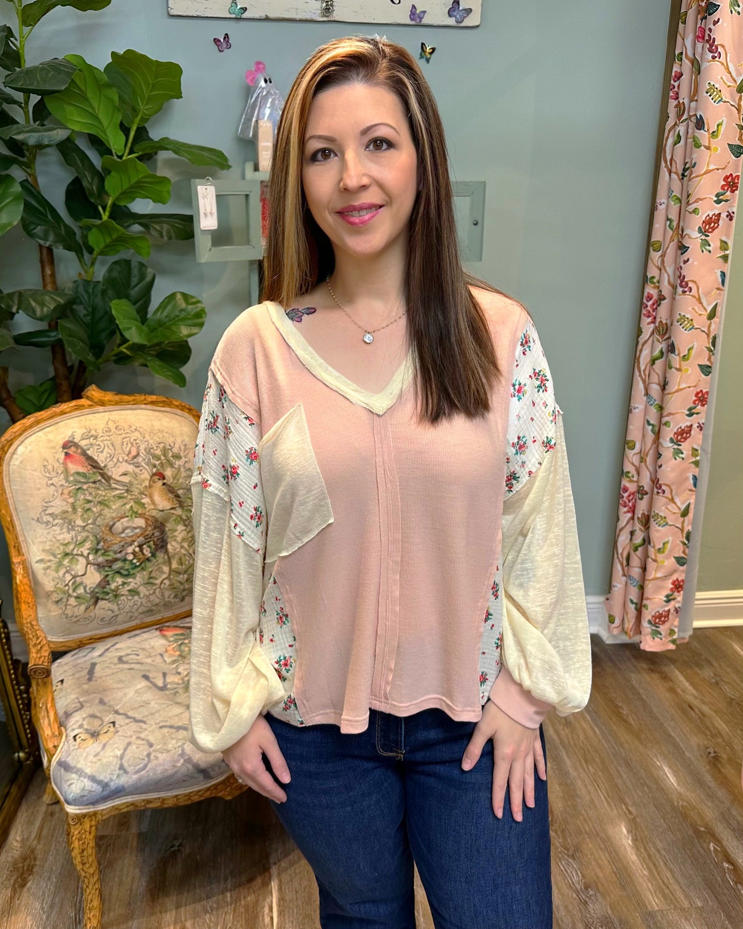 Oversized V-neck Patchwork Top - Blush Pink