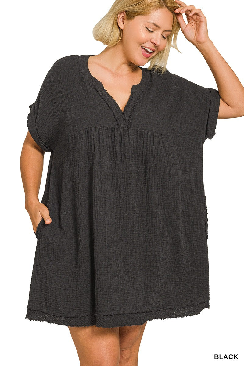 Gauze Raw Edge V-neck Dress