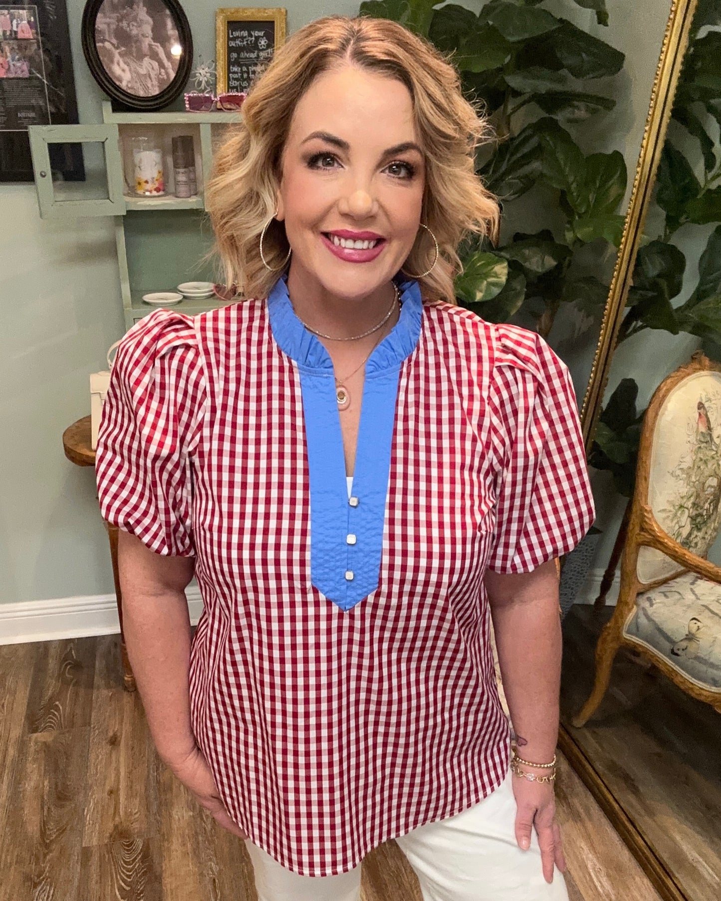 Red and White Gingham Top With Blue Collar