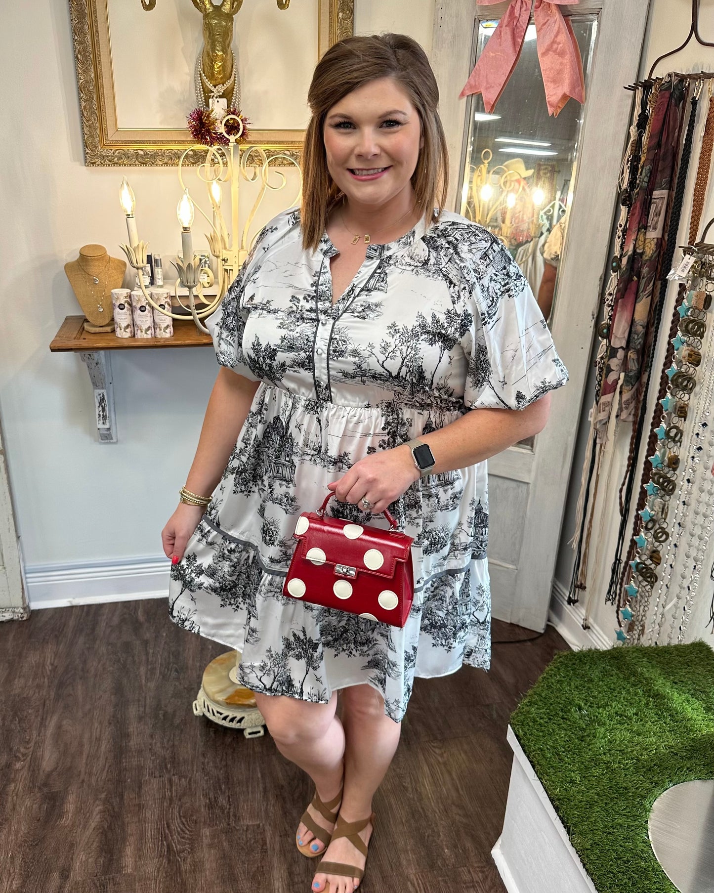 Satiny Landscape Print Dress