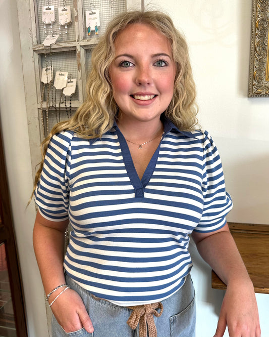 Blue Striped Collared Top