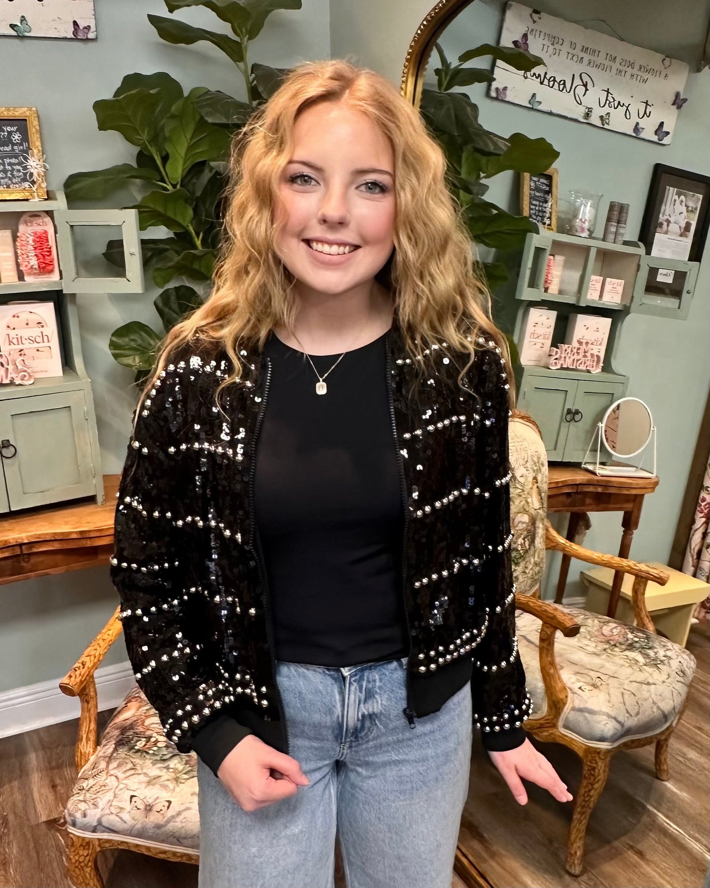 Black Sequin Bomber Jacket