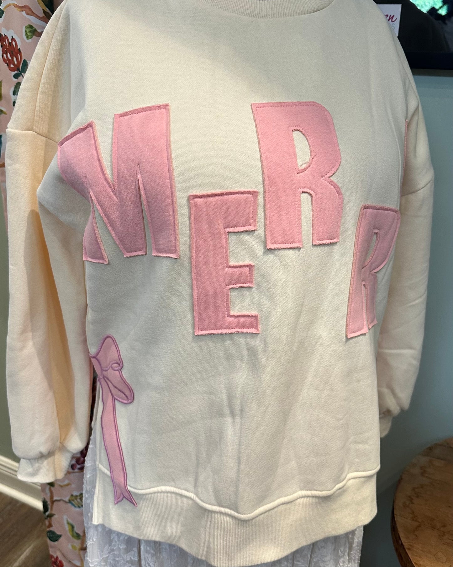 Ivory "MERRY" Sweatshirt with Bow Patch