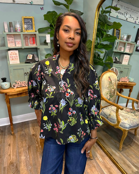 Black Multi Color Floral Print Top