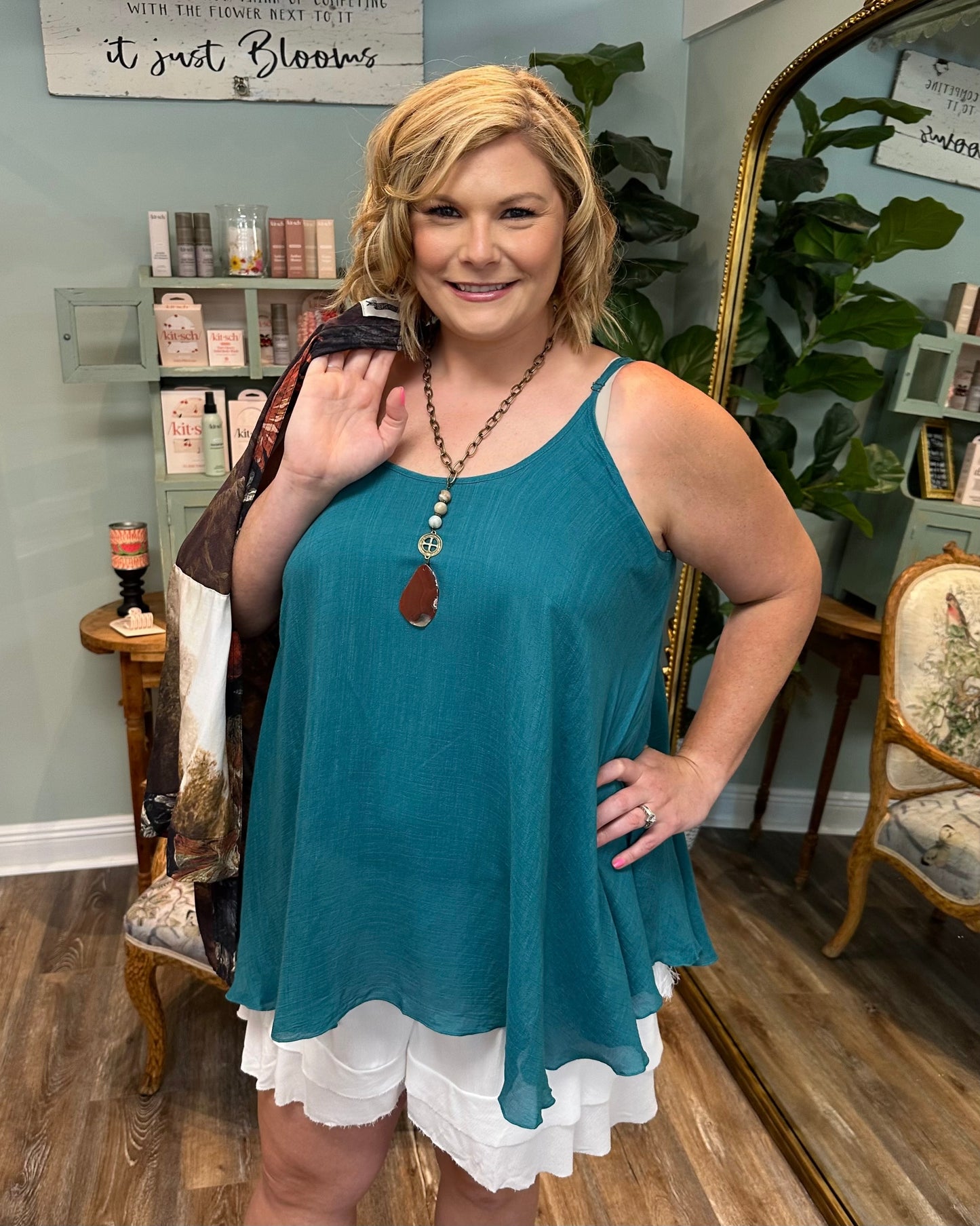 Teal Sheer Lined Flowy Top