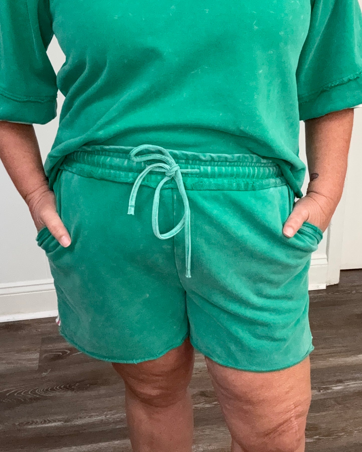Green Elastic Band Shorts with Pink Stripe