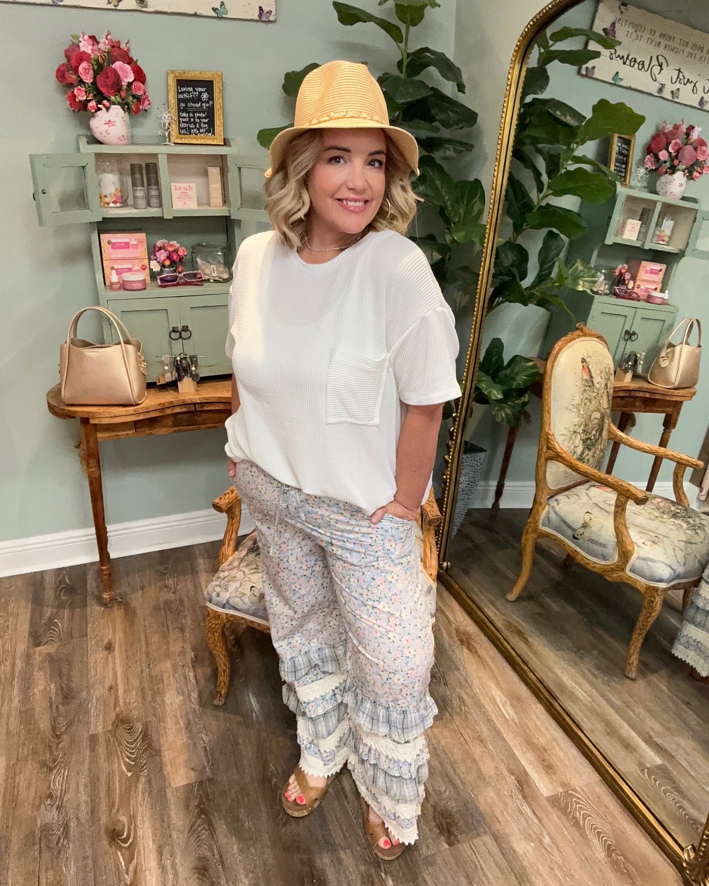 Blue Flower Print Ruffle Pant