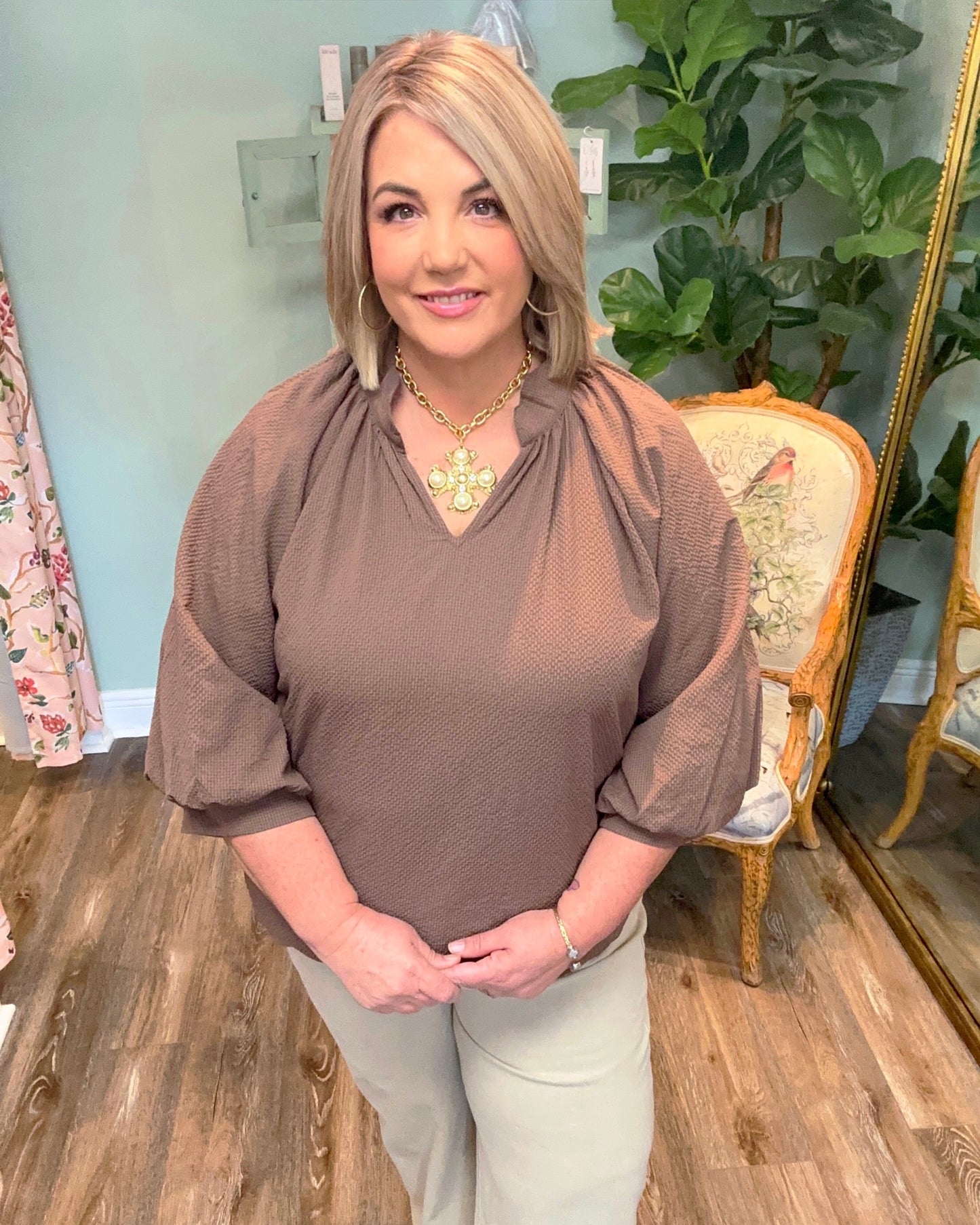 V- Neck Textured Scalloped Hem Top